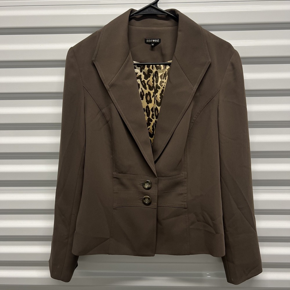 600‎ West Blazer Size 10 Womens Brown Leopard Print Lining Two Button Tailored